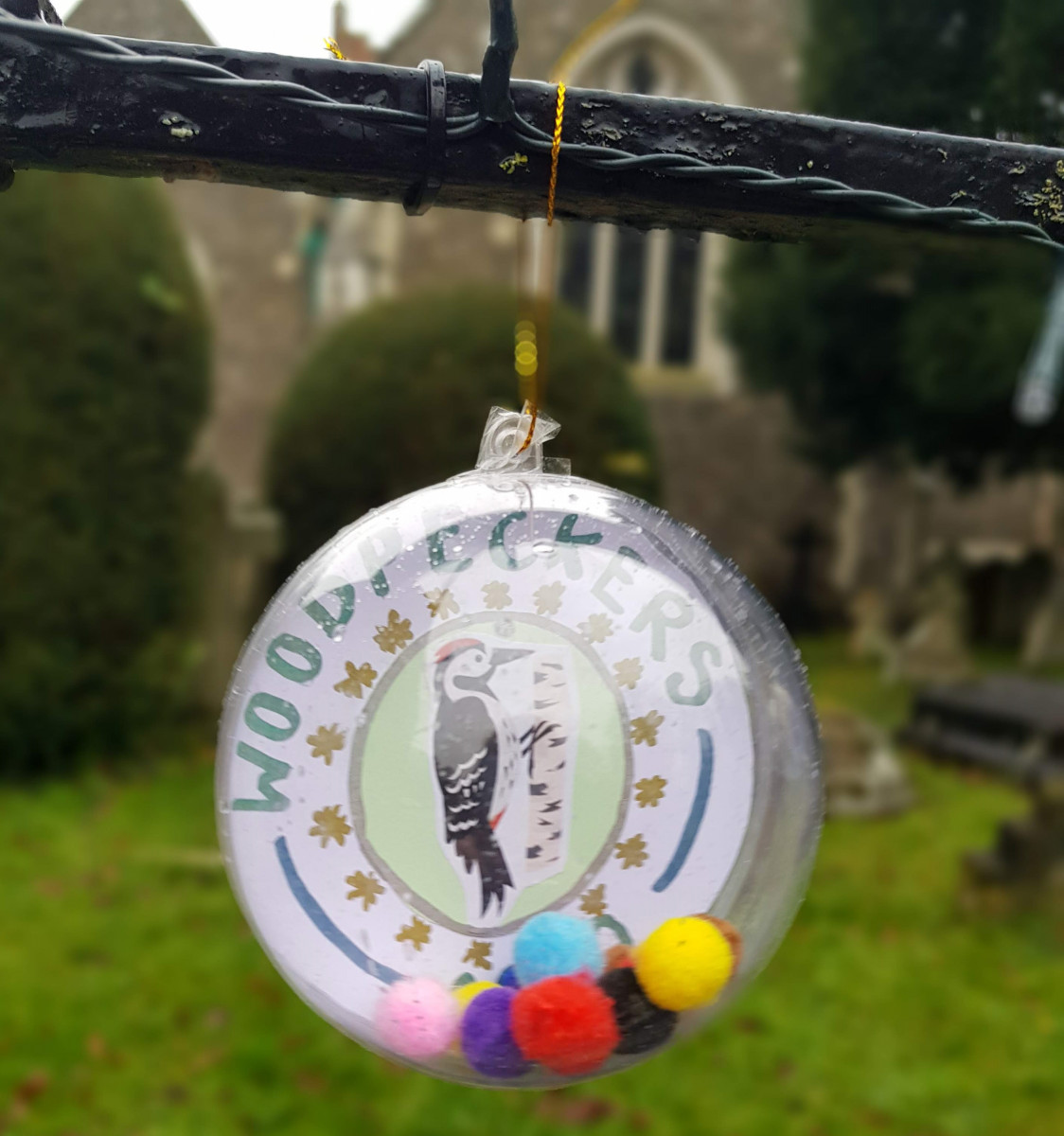 christmas bauble in church setting